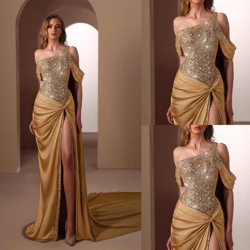 Classic Sequins Mermaid Evening Dress One Shoulder Sleeveless Prom Gowns High Splits Floor Length Formal Dresses Customized