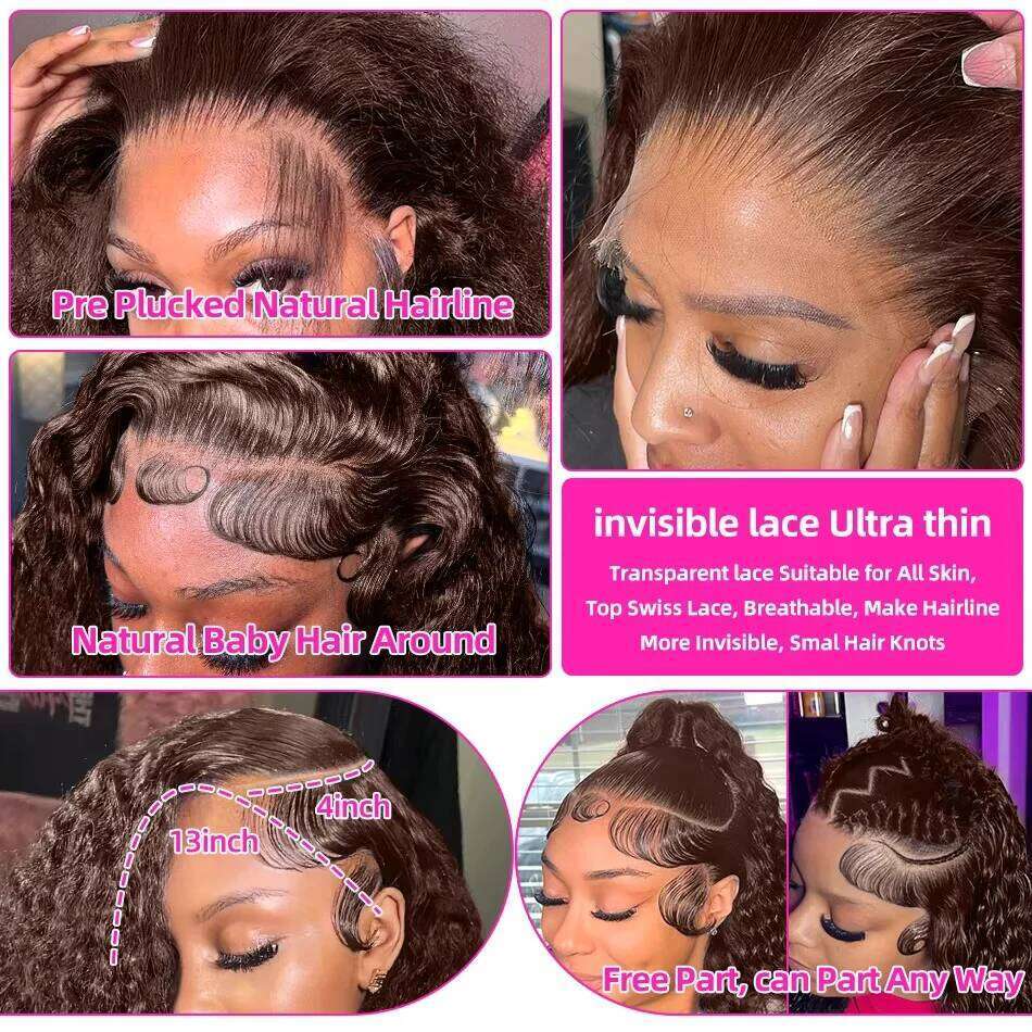 30 32 Inch 13x6 Hd Lace Chocolate Front Curly Wigs Brown Human Hair Brazilian Deep Wave Frontal Wig For Women
