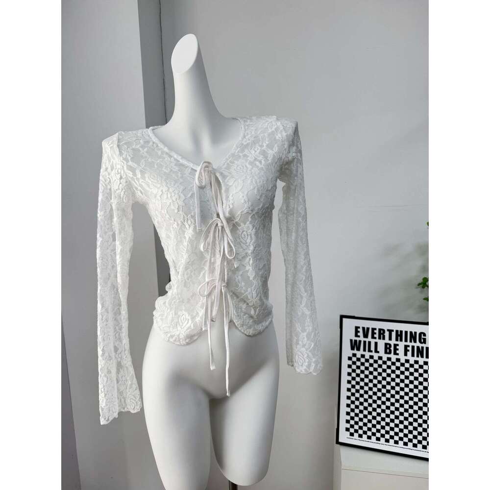 Thin Hollow Out U-Neck Long Sleeve Lace Blouse Women's Spring Summer Layerable Sweet Spicy Pure Desire Style Cover-Up Sun Protection Top B5