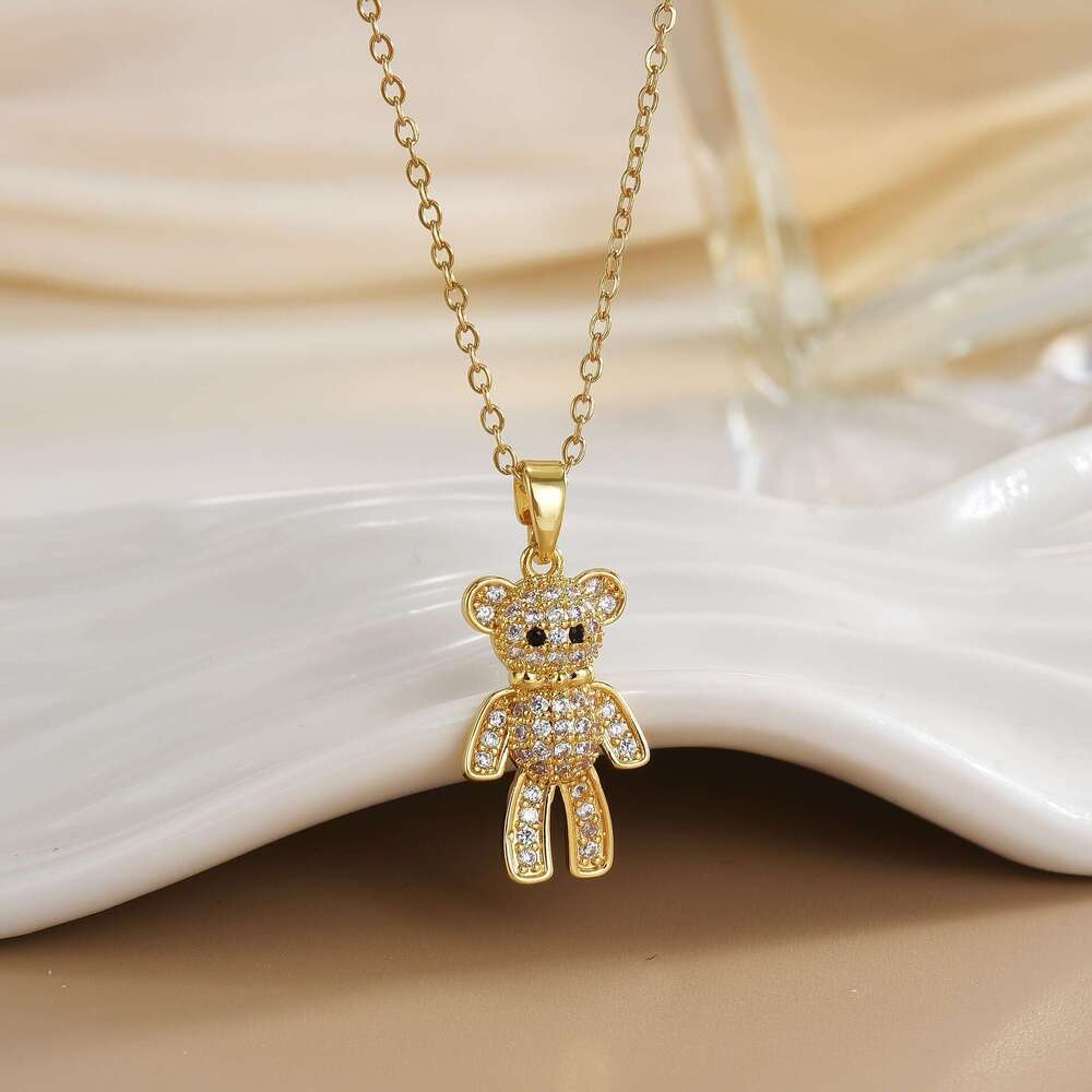 Korean Style New Bear Necklace For Women Copper Gold-Plated Dia-Studded Fashion Versatile Jewelry Non-Fading Titanium Steel Chain F60