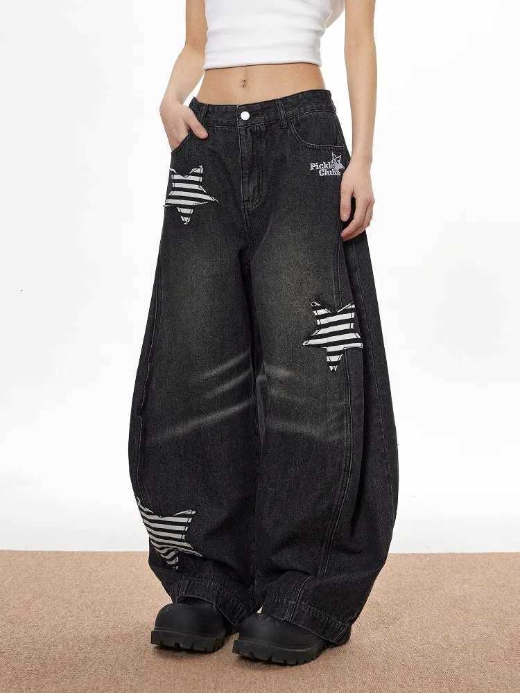 American Retro Jeans Five-point Star Raw Edge Splicing Loose Wide-leg Jeans Women Look Thin Trendy All-match Mopping Pants Women R250716