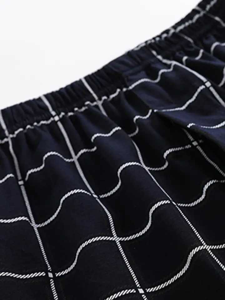 Mens Short Sleeve Pajama Set with Long Pants - Round Neck Plaid Pattern Summer Sleepwear Loungewear 2-Piece Outfit W250717