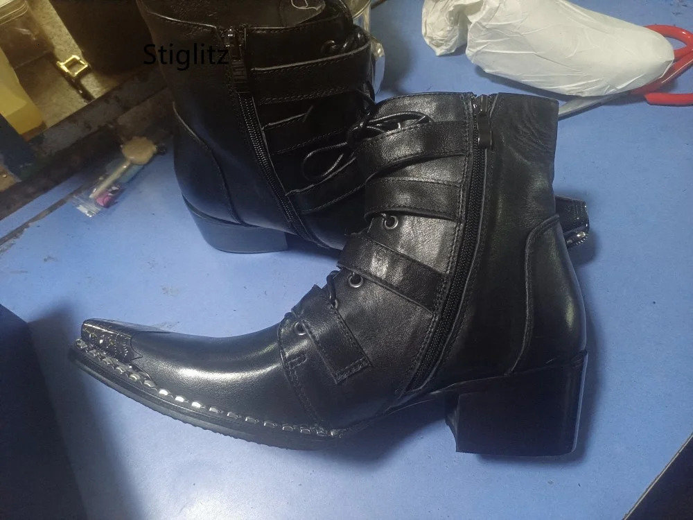 Belt Buckle Mens Ankle Boots Iron Toe Genuine Leather Business Shoes British Style Short High Heels Zip Lace Up Western Boots 250715