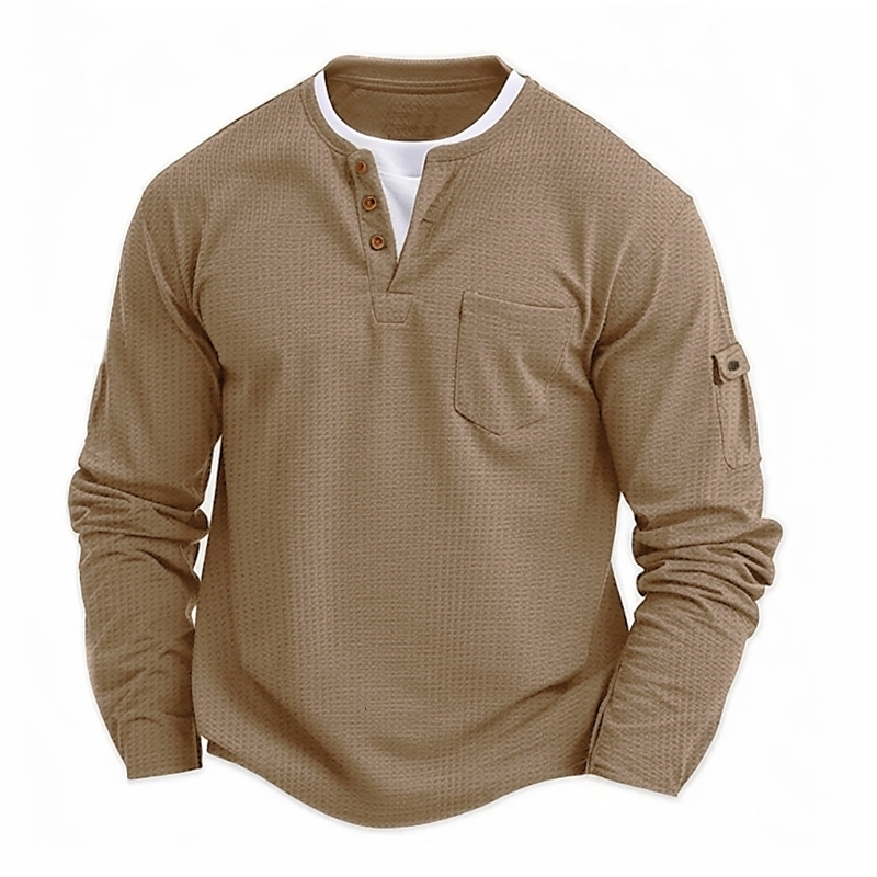 Mens Button Henley neck Shirt Long Sleeve Casual Solid color TShirt Fashion Waffle Cotton twopiece y250707