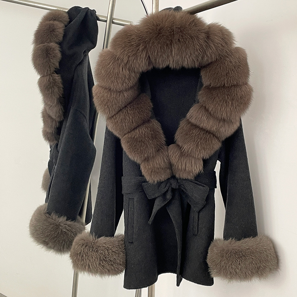 Petite High-End Feel Winter New Oversized Fox Fur Collar Double-Sided Wool Coat Womens Woolen Jacket