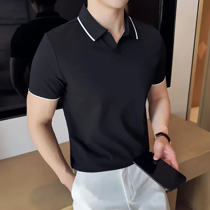 Men Polo Shirt Summer Light Thin British Style Solid Casual Slim Fit Short Sleeved Top T-shirt Fashion Streetwear Men Clothing 250716