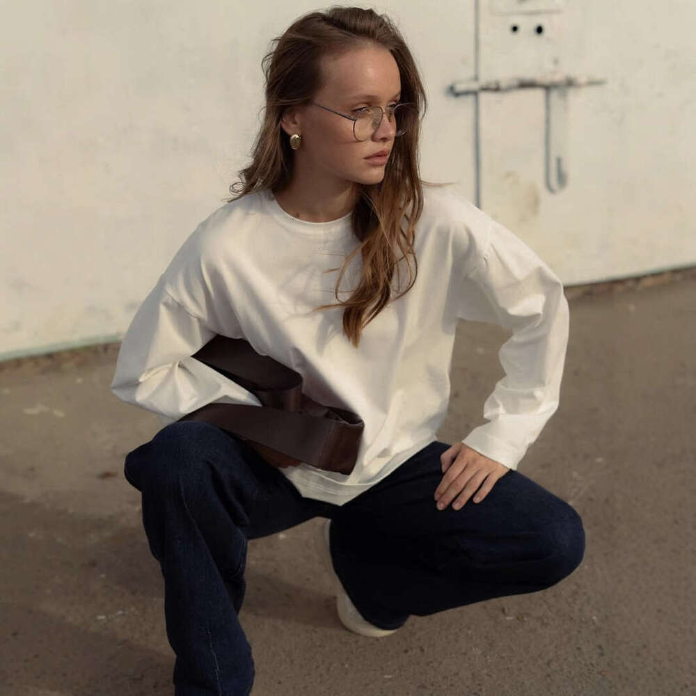 Spring New Solid Color Long Sleeve T-Shirt For Women Loose Fit Pure Cotton Round Neck Basic Top B5