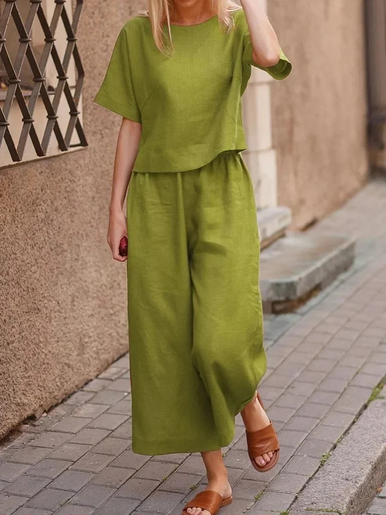 Cotton Womens Suit Pantsuit Loose O-neck Top Wide-leg Trouser Suits Female Spring Pant Sets Fashion Casual Black Set Ladies 250715