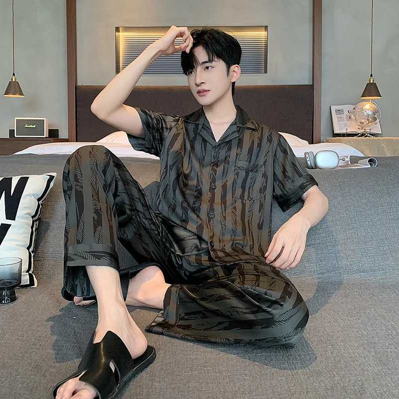 Plus Size Men Black Striped Short-Sleeve Long Pants Thin Pajama Set Cardigan Homewear Nightwear Youth Student Simple Sleepwear W250717