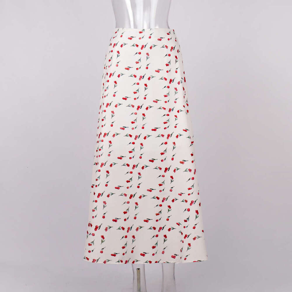 Floral Spring Elegant High Waist A-Line Mermaid Cherry Print Midi Skirt B5