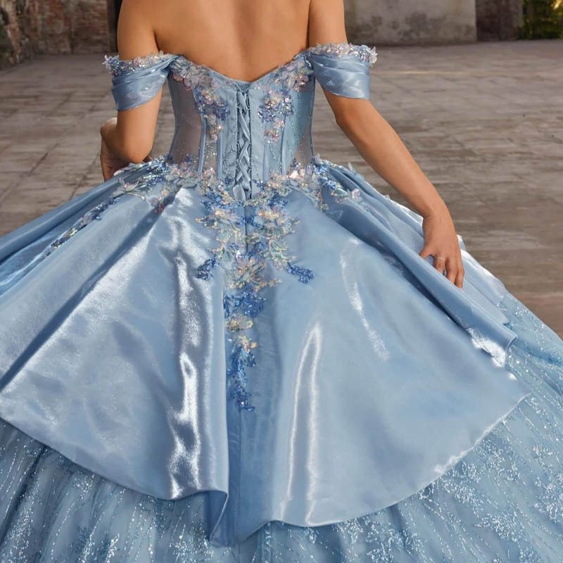 Blue Shiny Quinceanera Dresses Ball Gown Off The Shoulder Sequin Applique Lace Beading Crystal Tull Party Birthday Sweet 16 Dress Vestidos 15 De Anos
