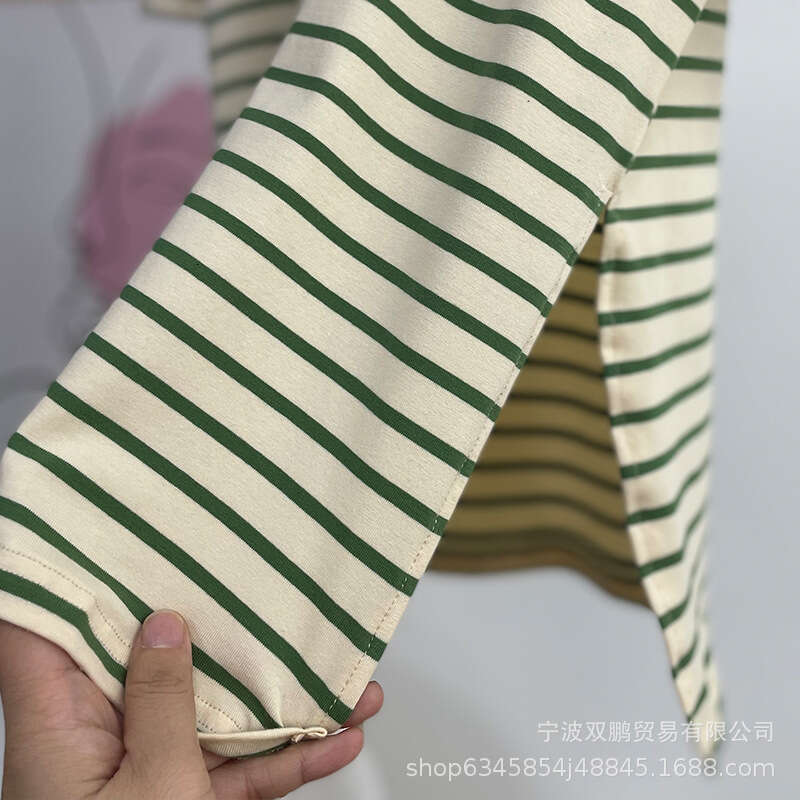 Spring Summer Fashion Loose Cotton Striped T-Shirt For Women Casual Round Neck Long Sleeve Split Top Style B5