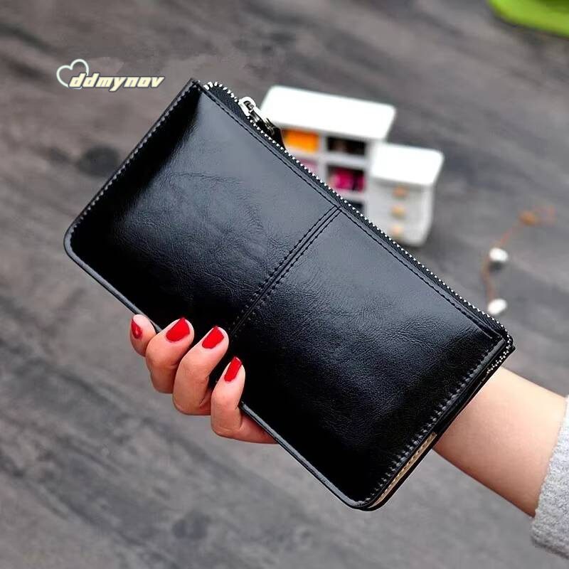 Womens Vintage Oil Wax Leather Zipper Clutch Female Large Capacity Coin Purse Ladies Wristband Simple Card Holder Wallet ddmynov