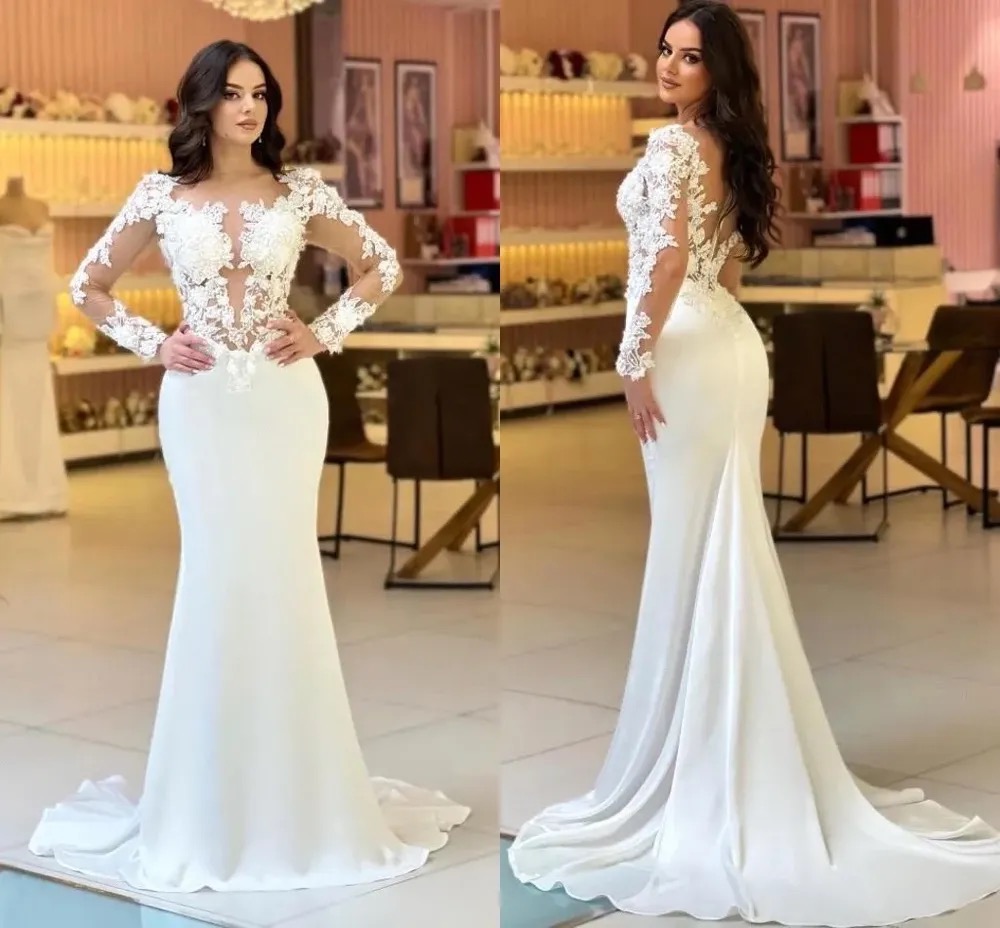 Elegant Modest Long Sleeve Sheer Lace Mermaid Wedding Dress with Button-Covered Back - Arabian Style Customizable Bridal Gown