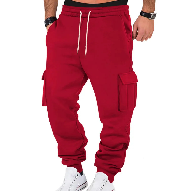 Autumn Winter Fleece Lined Mens Sweatpants Multi-Pocket Drawstring Cargo Pants Outdoor Sports Joggers Cuffed Sweatpants 250715