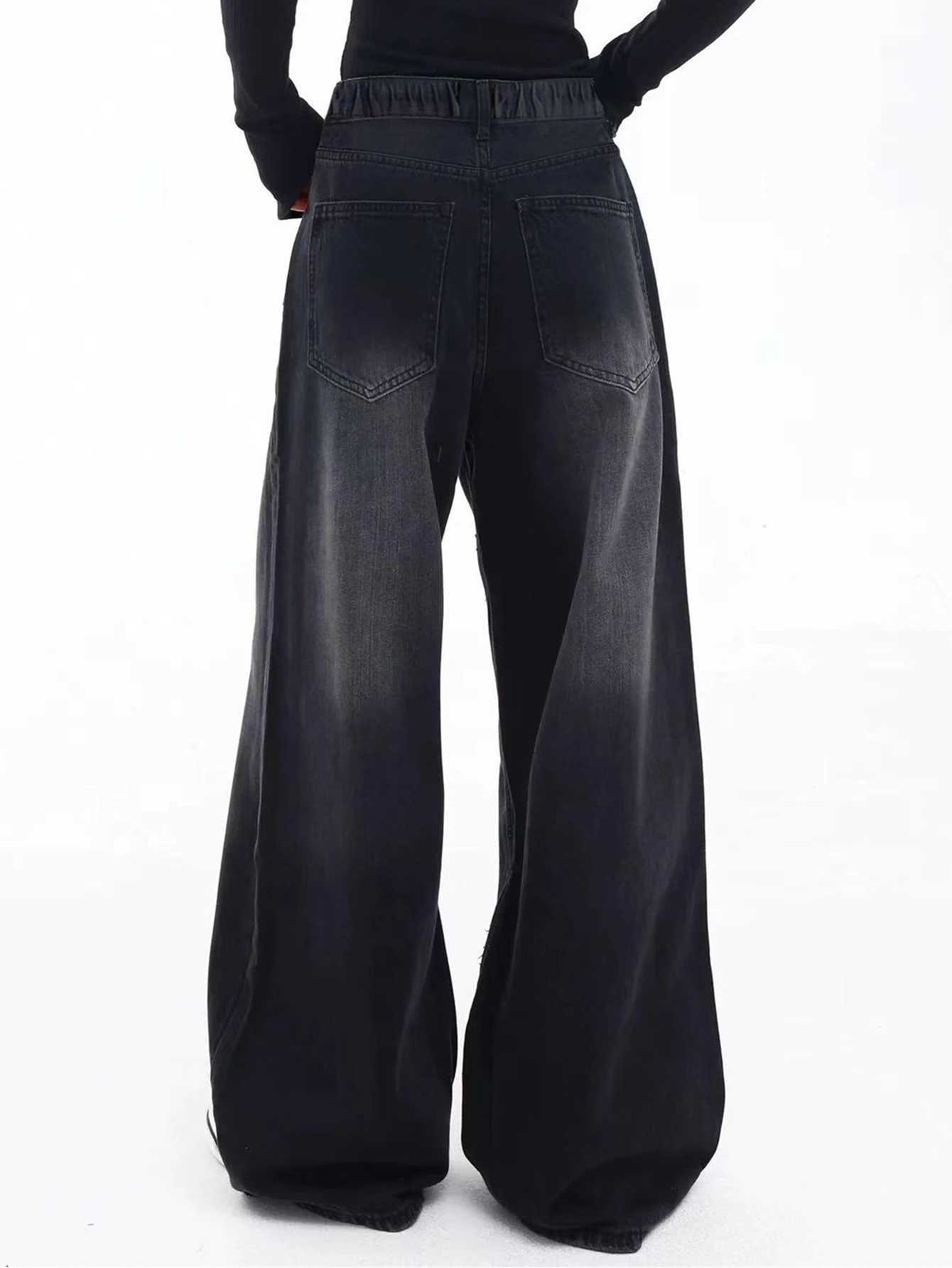 Teenage Girls Vintage Washed Black Long Jeans - Loose Casual Wide-Leg Straight-Cut Pants R250716