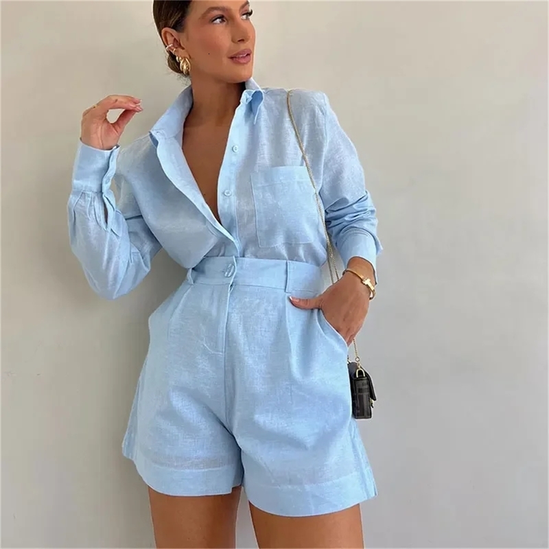 2024 Casual Beach Suits Fashion Summer Cotton Linen Loose Ruffle Shorts Suit Long Sleeve Drawstring Pullover y250707