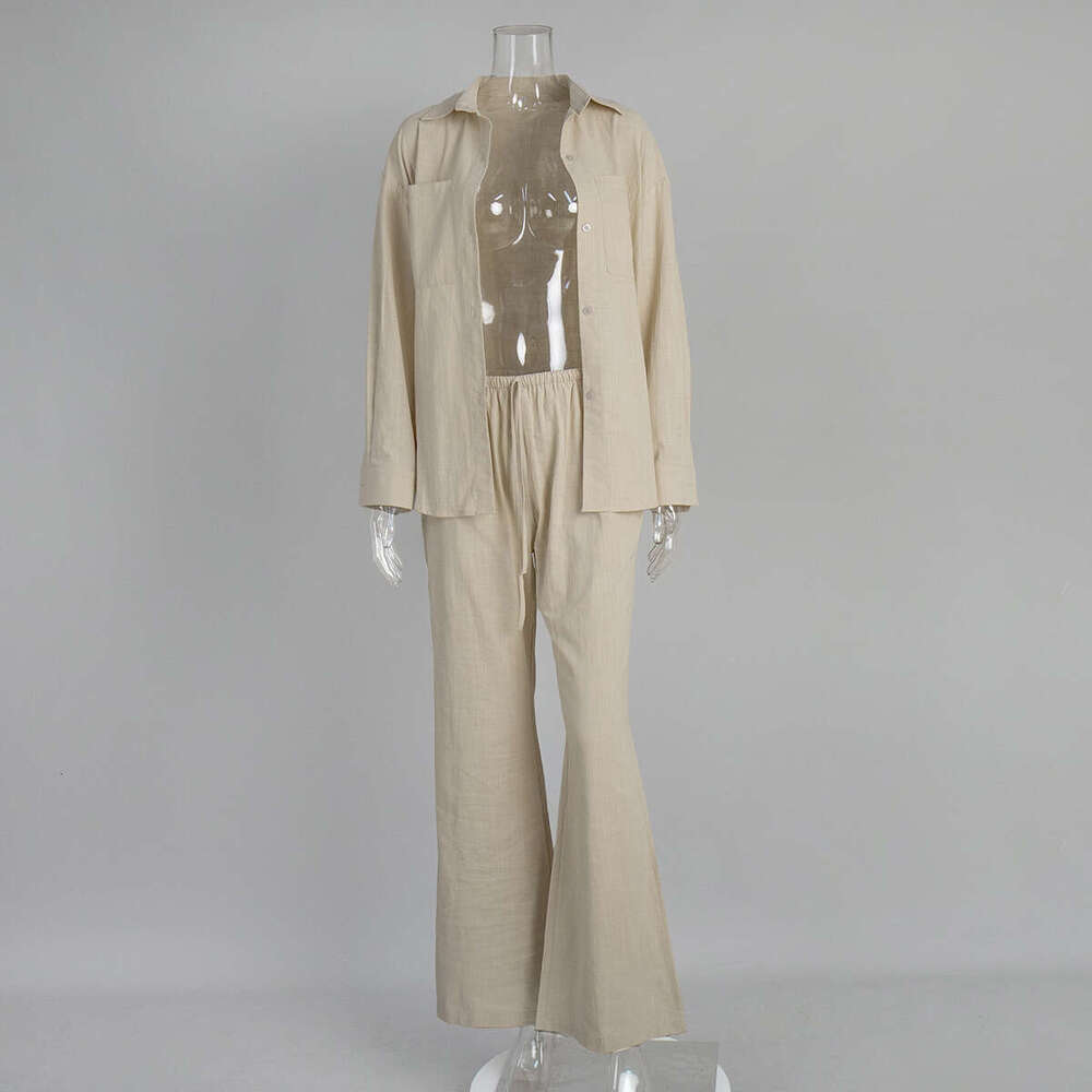 Pure Cotton Long Sleeve Shirt Wide Leg Summer Solid Color Flared Pants Casual Set B5