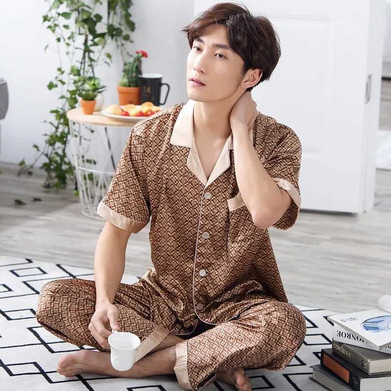 High Quality Mens Pajamas Suit Summer Imitation Ice Silk Sleepwear Thin Short-sleeved Trousers Two-piece Loungewear Suit Male W250717