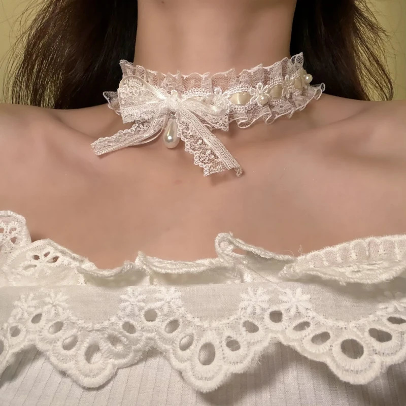 Bow Lace Choker Necklace for Women with Sweet Temperament Neck Strap for Niche Collarbone Chain Accessories 250716