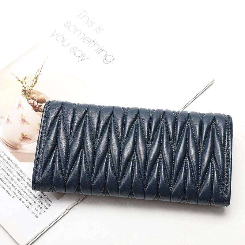 Women Long Pleated Wallet Fashion Hasp Zipper Multifunction Card Holder Sheepskin Genuine Leather Female Coin Clutch Purse