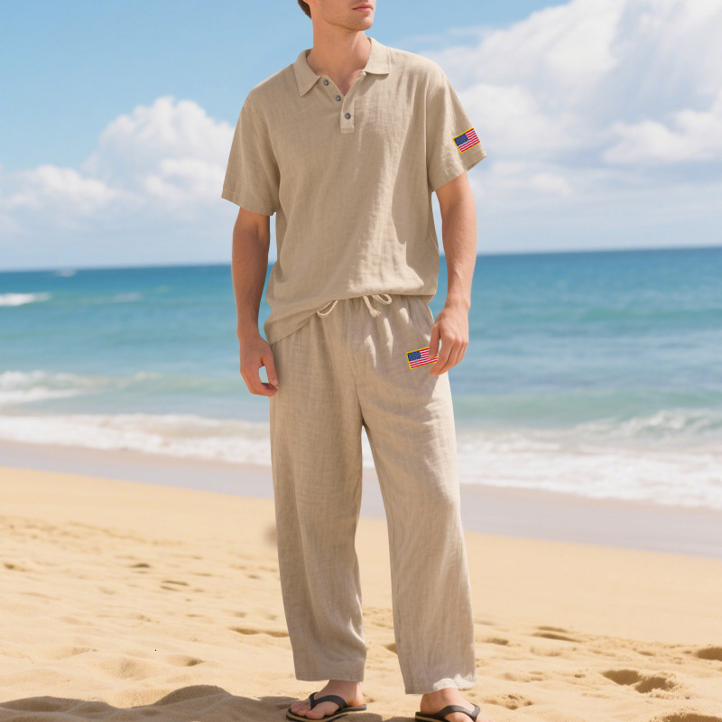 Summer New Linen Short Sleeve Long Pants Loose Turn-Down Collar Casual Independence Day Sports Set
