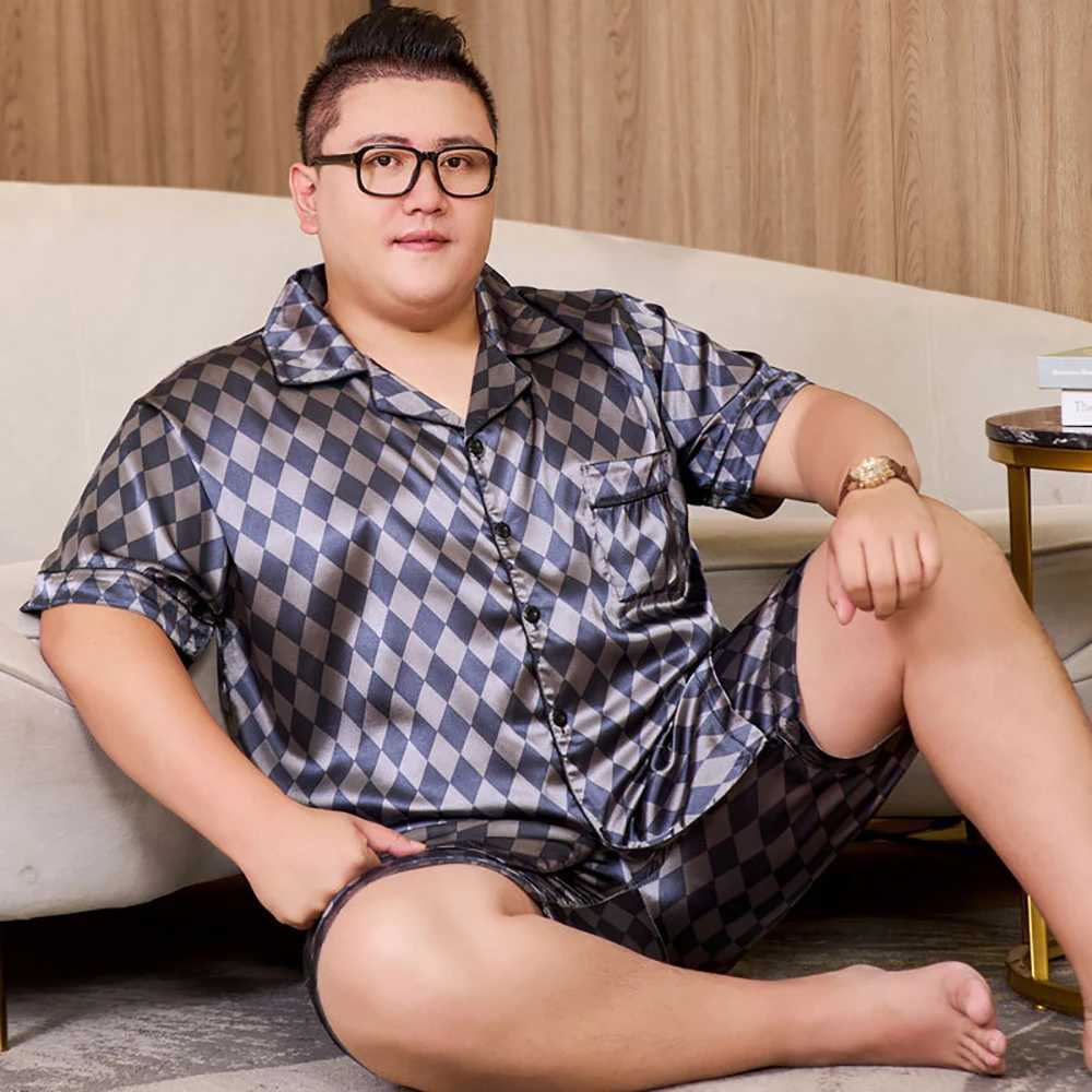 3XL-5XL For 65kg Big Size Mens Pajamas Summer Ice Silk Thin Breathable Male Sleepwear Casual Plaid Pajama Sets Mens Pajamas W250717