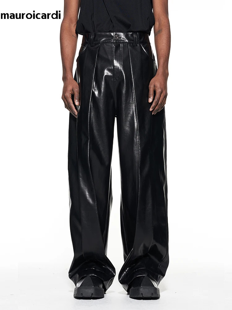 Mauroicardi Spring Autumn Long Loose Casual Baggy Black Shiny Reflective Patent Pu Leather Pants Men Wide Leg Trousers Fashions 250704
