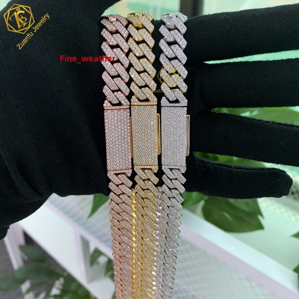 Wholesale VVS Moissanite Diamond Cuban Chain Ice Out 8mm 10mm 12mm Moissanite Cuban Link Silver Fine Jewelry Necklace Men Women