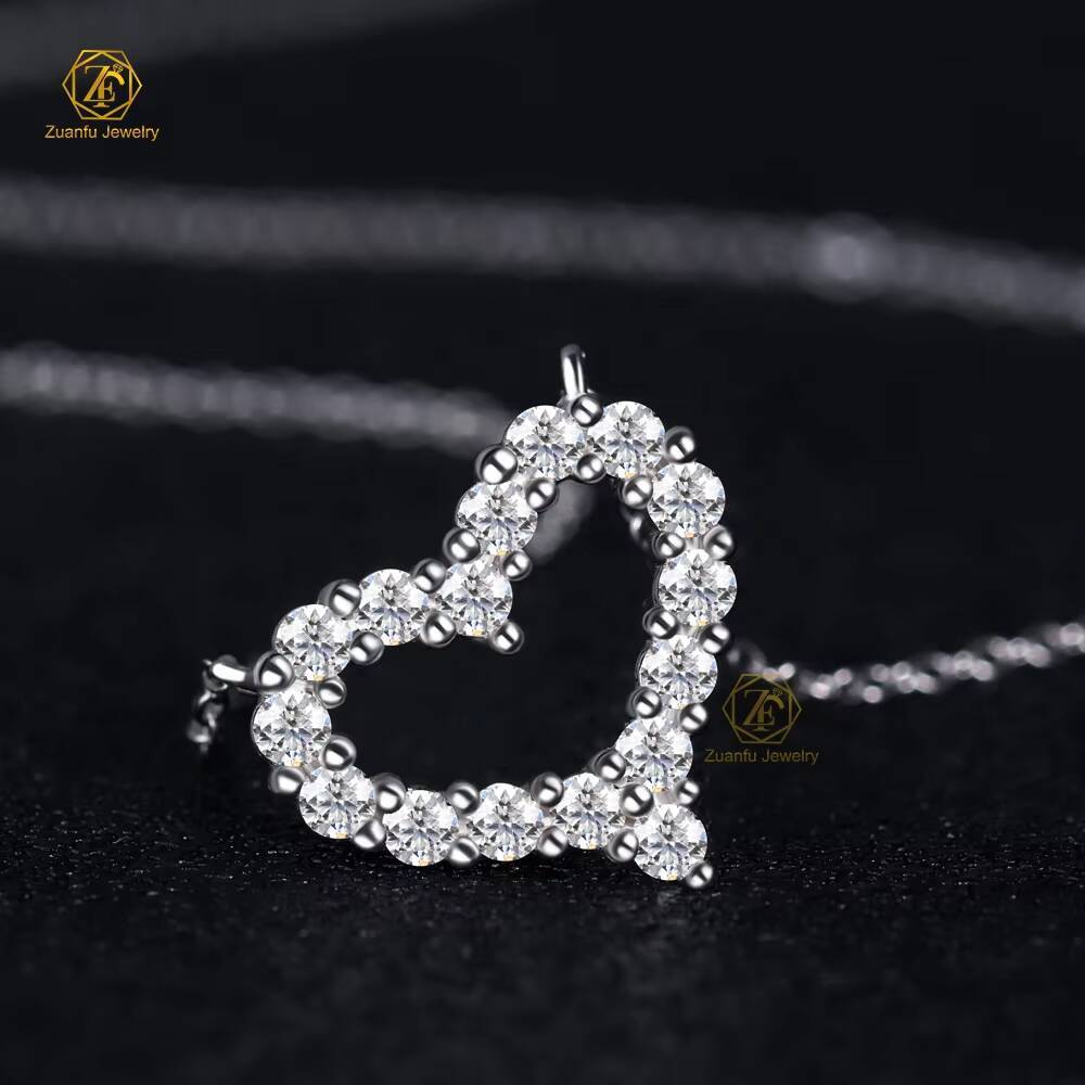 Trendy 2mm Iced Out Moissanite 925 Silver Plated Hollow Heart Pendant Necklace Romantic Jewelry for Girls