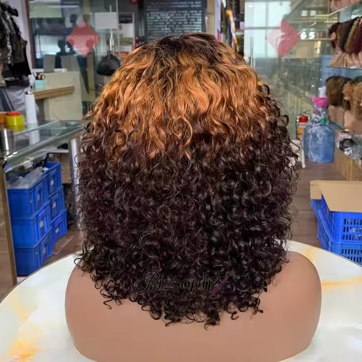 Ombre brown auburn colored kinky curly human hair wigs with bang full 180% short cheap machine made glueless for black women