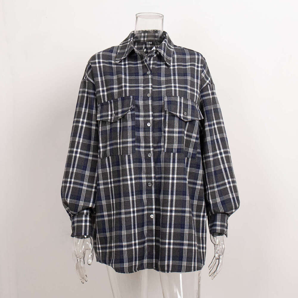 For Women Autumn New American Style Double Pocket Plaid Striped Mid-Length Shirt B5
