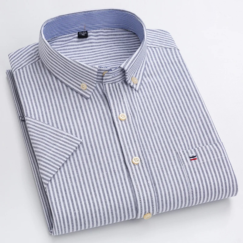 Fashionable Mens Shirt Short Sleeve 100 Cotton Oxford Stripe Plaid Formal Casual Social Available in Large Sizes 250708