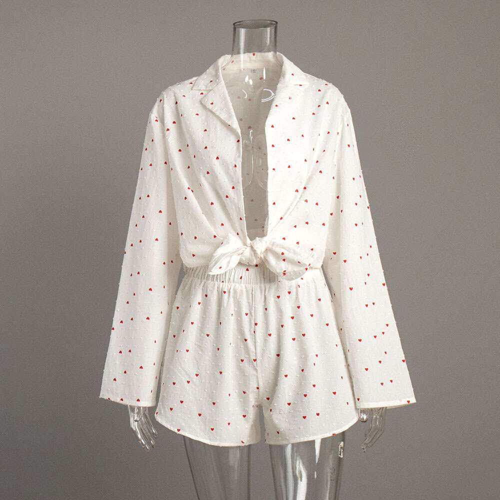 Heart Print Spring Summer New Women's Printed Long Sleeve Shorts Pajama Two-Piece Set B5
