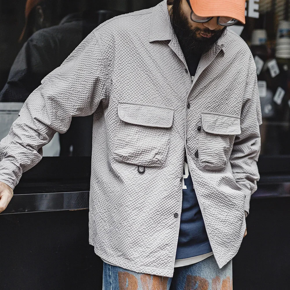 Maden Outdoor Cuban Collar Seersucker Longsleeved Shirt Noiron Antiwrinkle with Pocket n Thin Solid Color for Men 250717