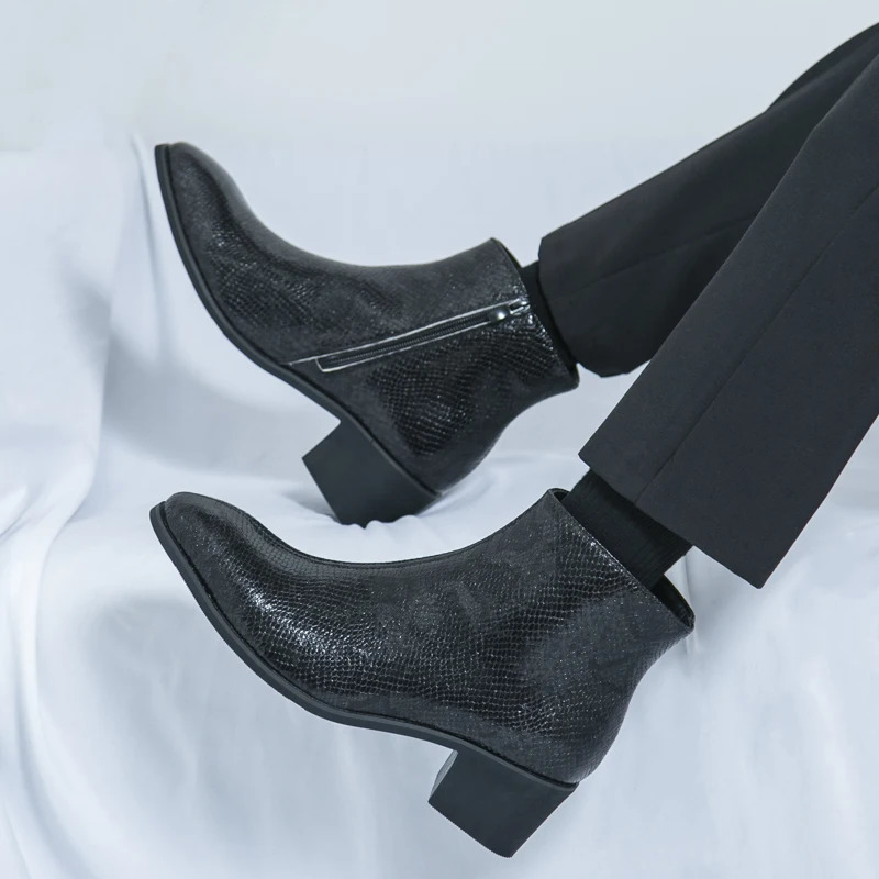 Spring Serpentine Leather Printing Men Cowboy Ankle Boots Show Party Motorcycle Short Boots Increase Height Dress Sapatos Social 250715