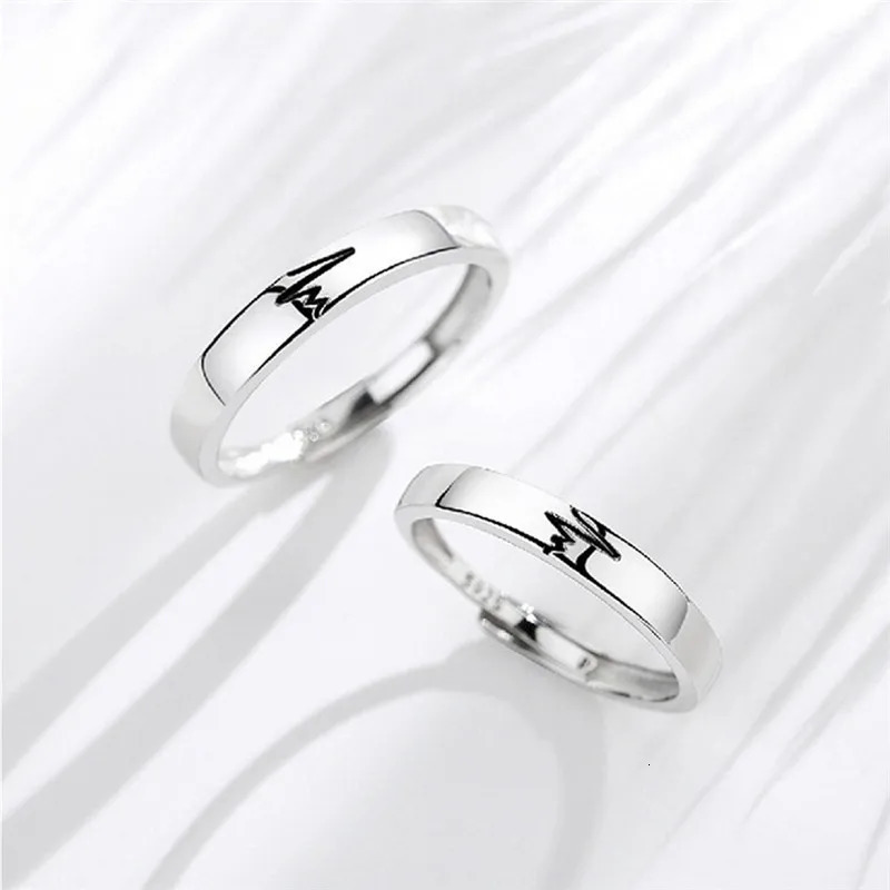 2Pcs Love Heart Electrocardiogram Couple Open Rings For Women Men Lover Black Silver Color Engagement Wedding ValentineDay Gift 250704