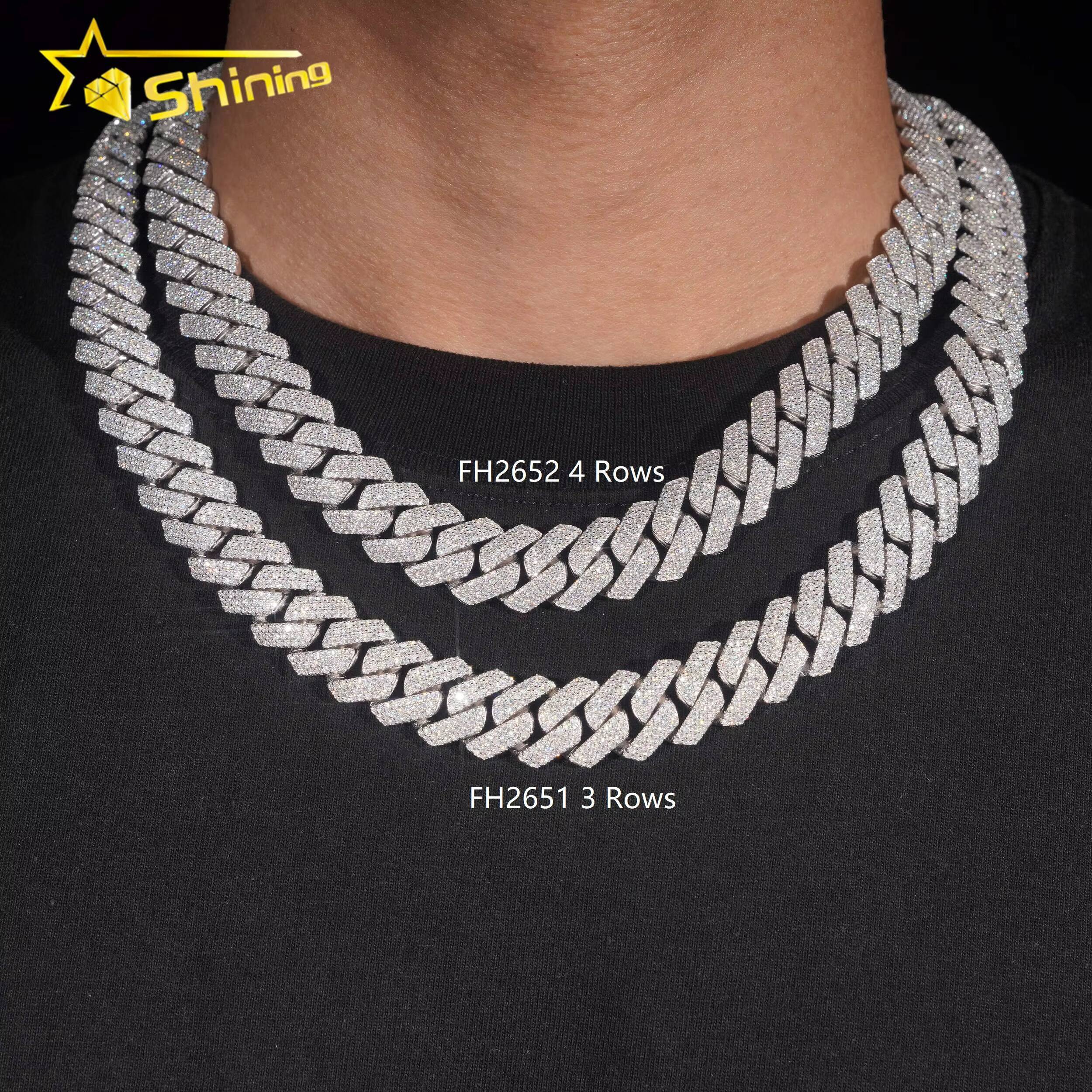 Hip Hop Jewelry 15mm 3 Rows 4 Rows Chain 925 Sterling Silver GRA Certificate Iced Out Necklace Moissanite Cuban Link Chain