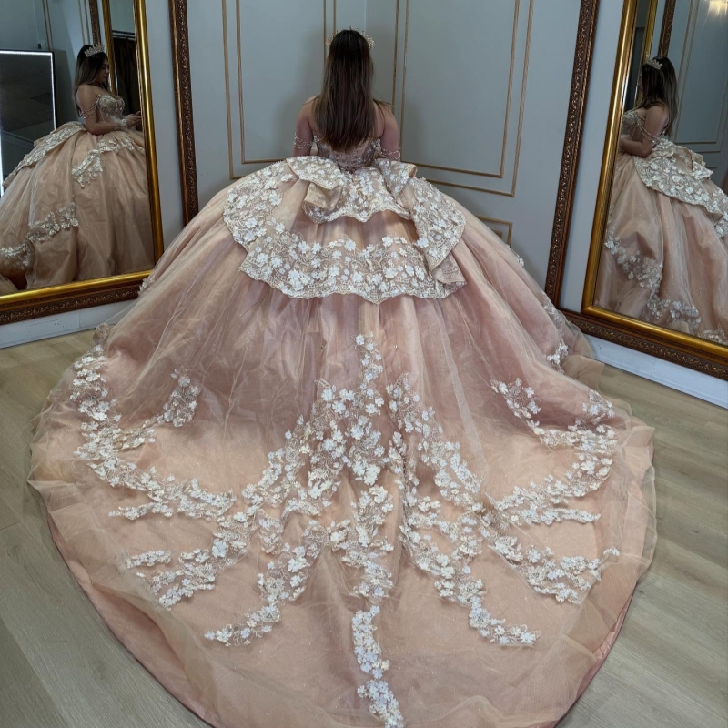 Pink Shiny Quinceanera Dresses Ball Gown Off The Shoulder Applique Lace Flower Beads Tull Corset Party Birthday Sweet 16 Dress Vestidos De 15 Anos