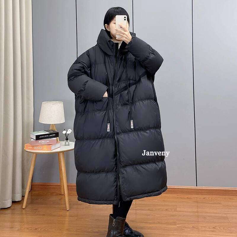 Janveny 2025 New Winter Hooded Drawstring Loose Puffer Jacket Women Solid Casual Silhouette Long 90% White Duck Down Warm Coat MDNG