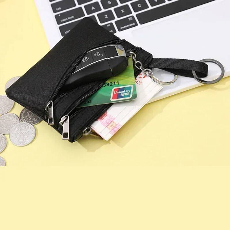 Women's 3 Zippers Canvas Purse Mini Wallet Solid Change Purses With Keychain Money Bags Coin Key Storage Bag