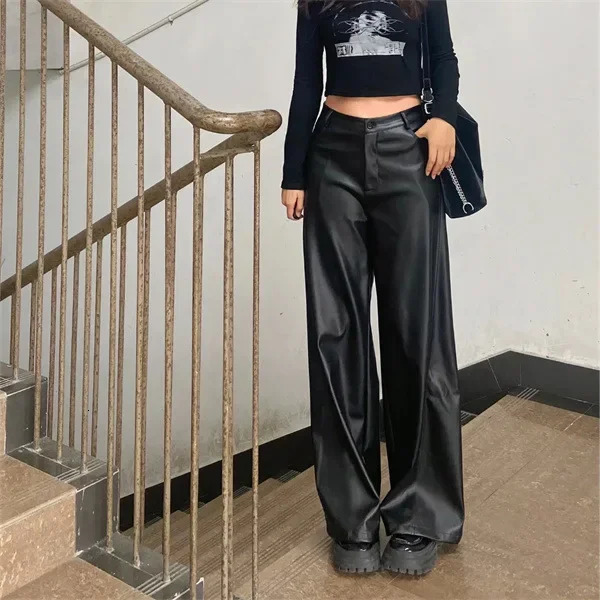 Plus Size HighWaisted StraightLeg Black PU Leather Trousers Casual FloorLength Spring Autumn N WideLeg 250704