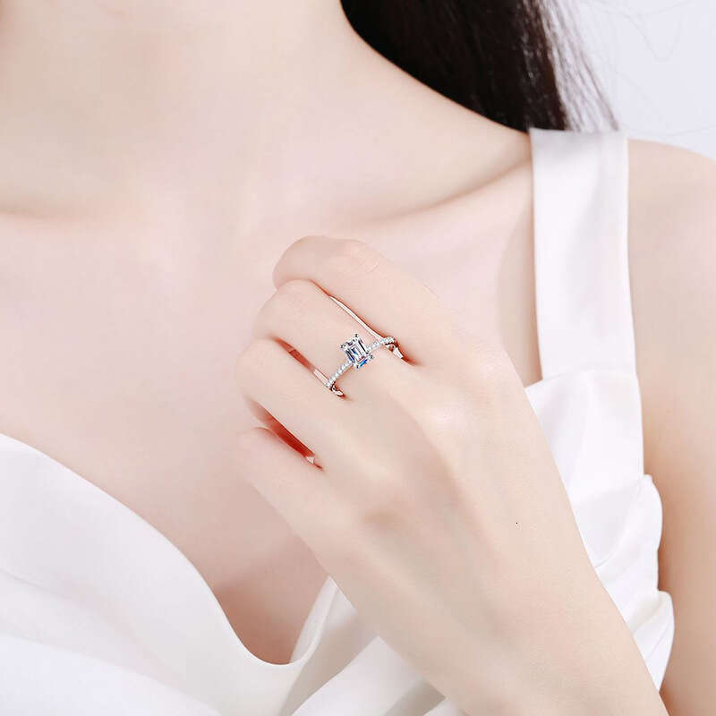 S Pure Silver Four-Prong Emerald Radiant Cut Band Wedding Moissanite Diamond Ring for Women 2b0