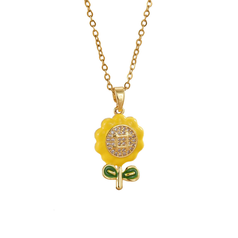 Oil Drop Micro Inlaid Yellow Small Flower Pendant Light Necklace For Women High-End Non-Fading Titanium Steel Clavicle Chain Fc3