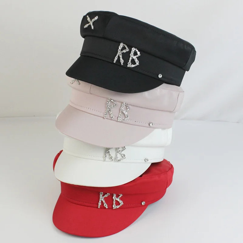 Trendy Satin Letters Flat Top Military Hats Spring Summer sboy Cap Crystal Baker Boy Hat Visor 250716
