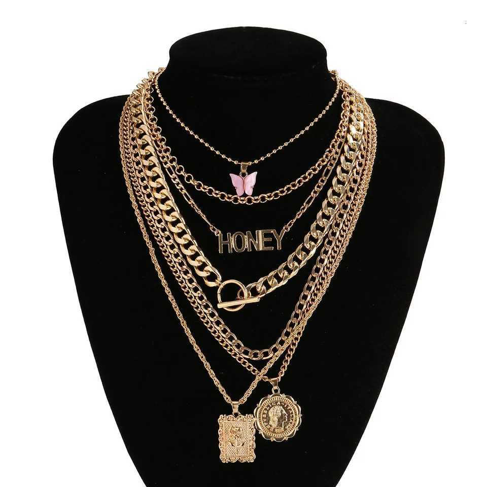 7 Pcs Fashion Punk Gold Color Pendant Chain Necklace Set for Women Vintage Boho Letter Coin Multi-Layer Necklaces Jewelry Gifts XJ250717