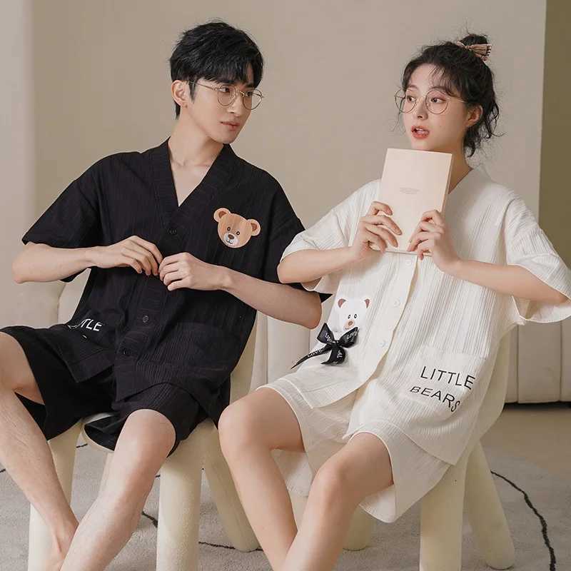 Summer Fashion Couple Pajamas Cotton Breathable Cardigan Can Wear Cartoon Pajamas Men and Women Short-sleeved Shorts Lapel Suit W250717