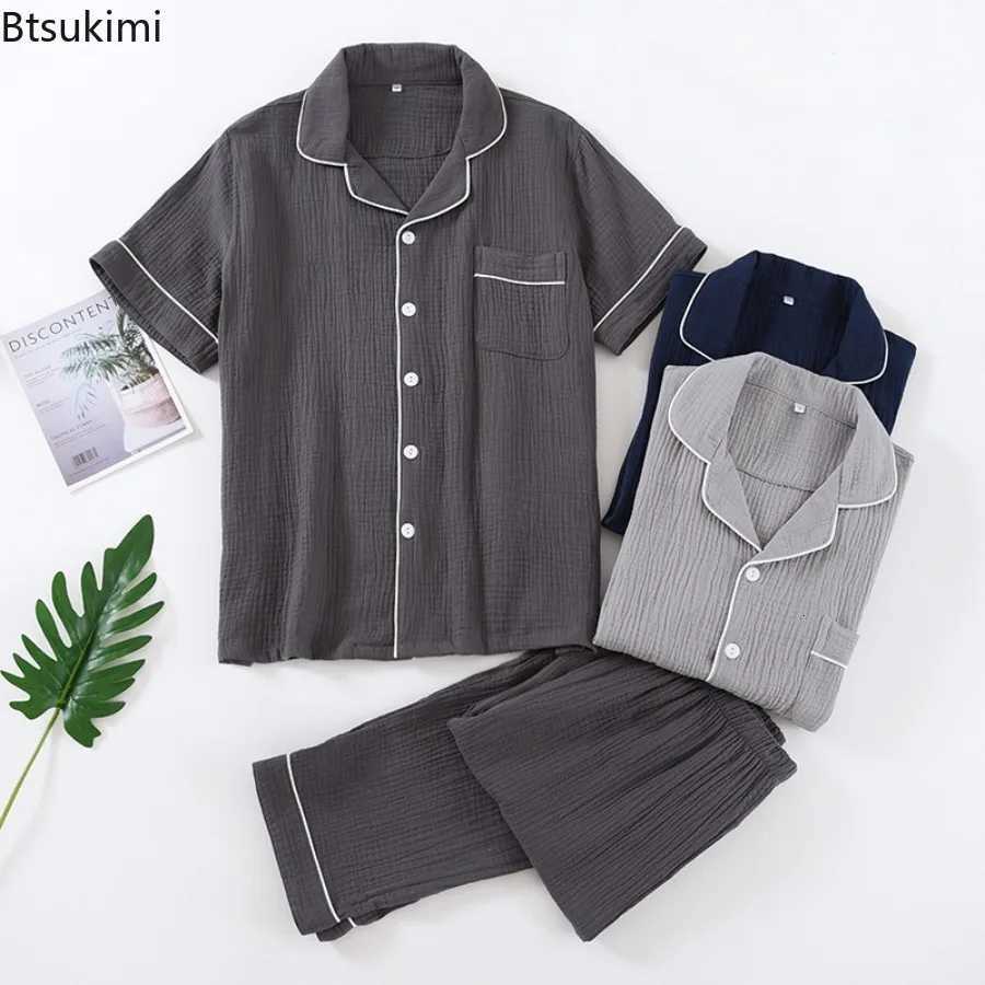 2025 Mens Pajama Sets 100% Cotton Crepe Casual Homewear Two Pieces Short Sleeve Tops and Pants Men Simple Lounge Sleepwear Suit W250717