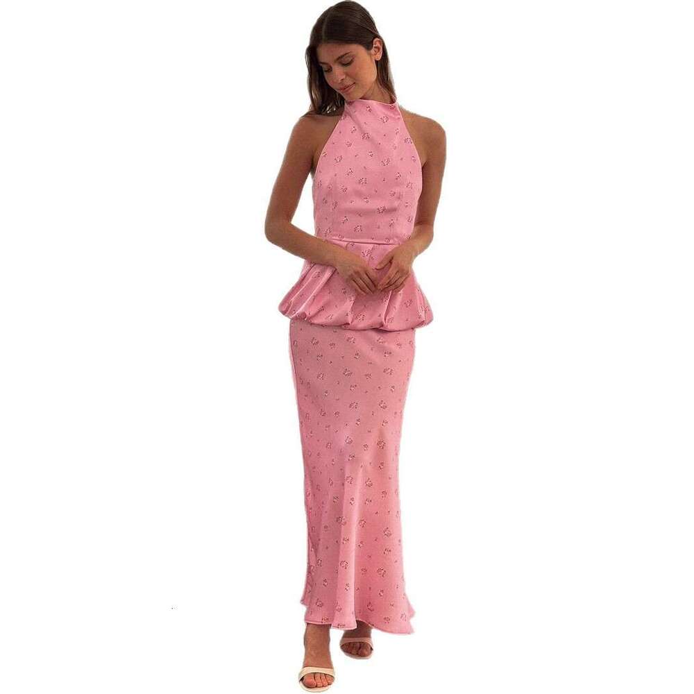 Satin Print And Summer Bubble Hem Vest Long Skirt Set For Women B5
