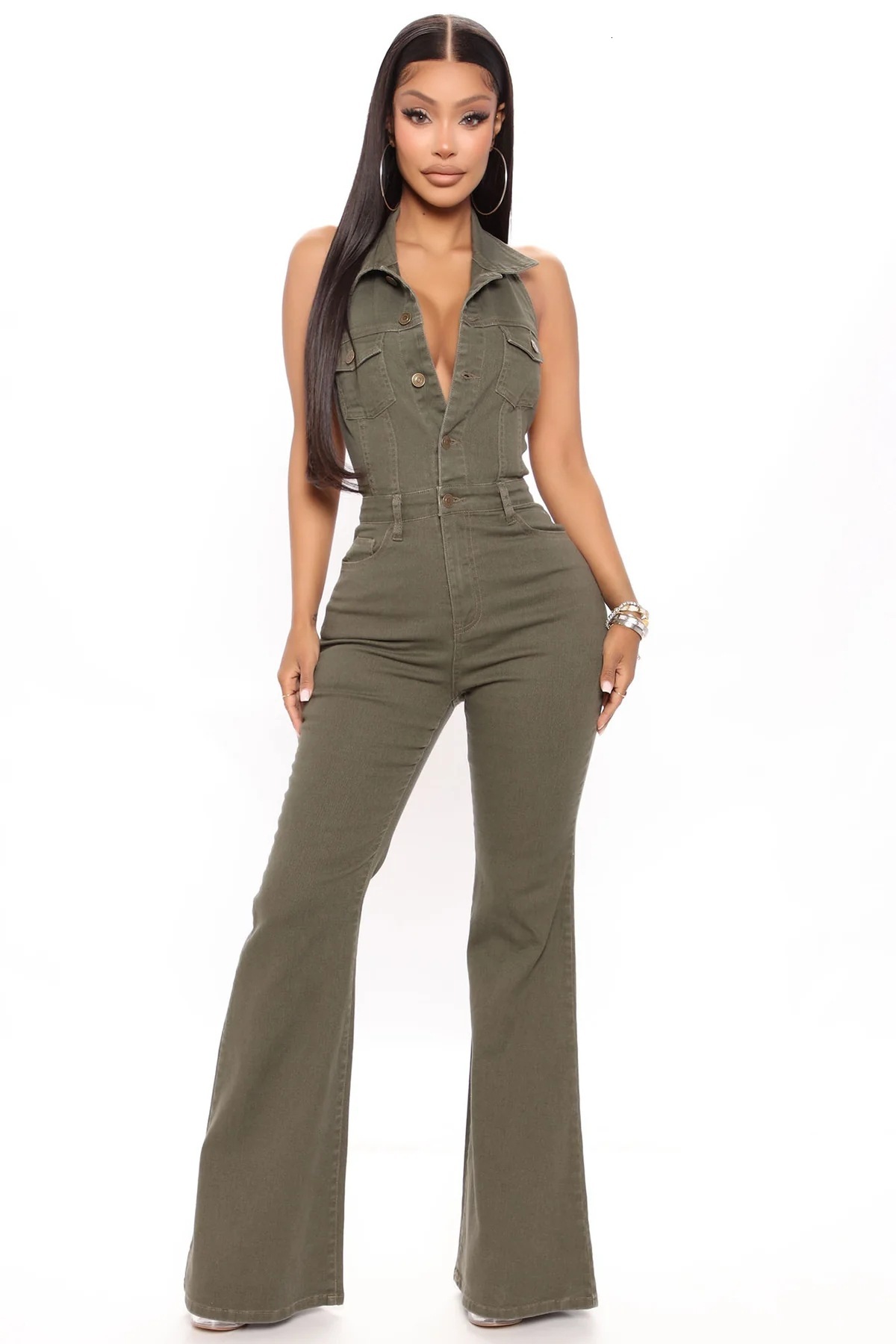 3576 womens denim fashion high elasticity sexy backless lapel pocket workwear pants jumpsuit